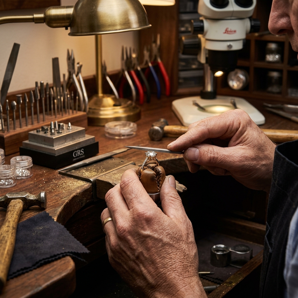 CrownCarat master jeweler hand-finishing a gold ring at the workshop bench